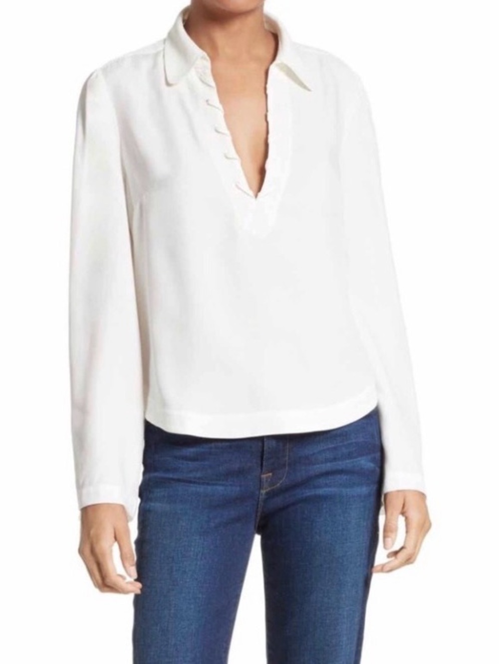 FRAME Romeo Collar Whipstitch V Neck Ivory Blouse‎ L Cupro Silk Feel
